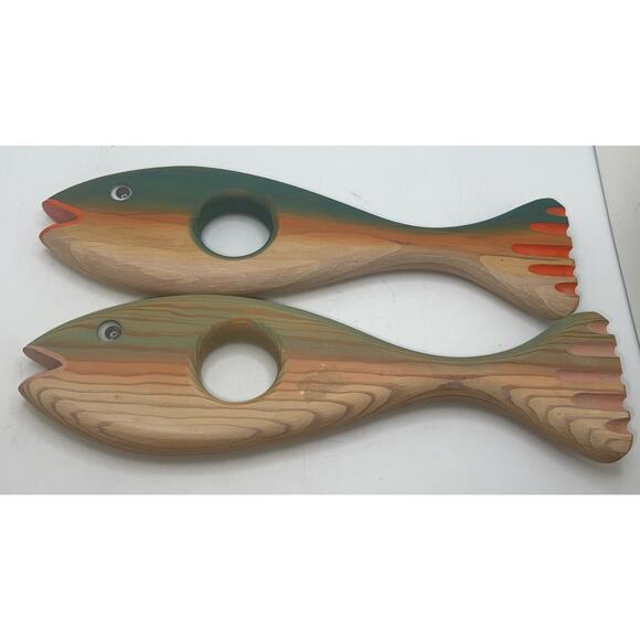 Wooden Rainbow Fish Wine Bottle Holder - Dunn's Woodworks 1993 - 11.5" Set Of 2 - Picture 1 of 4